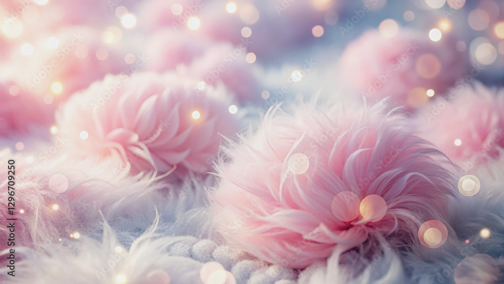Fototapeta premium Delicate Pink Roses on Soft Fur with Bokeh Lights