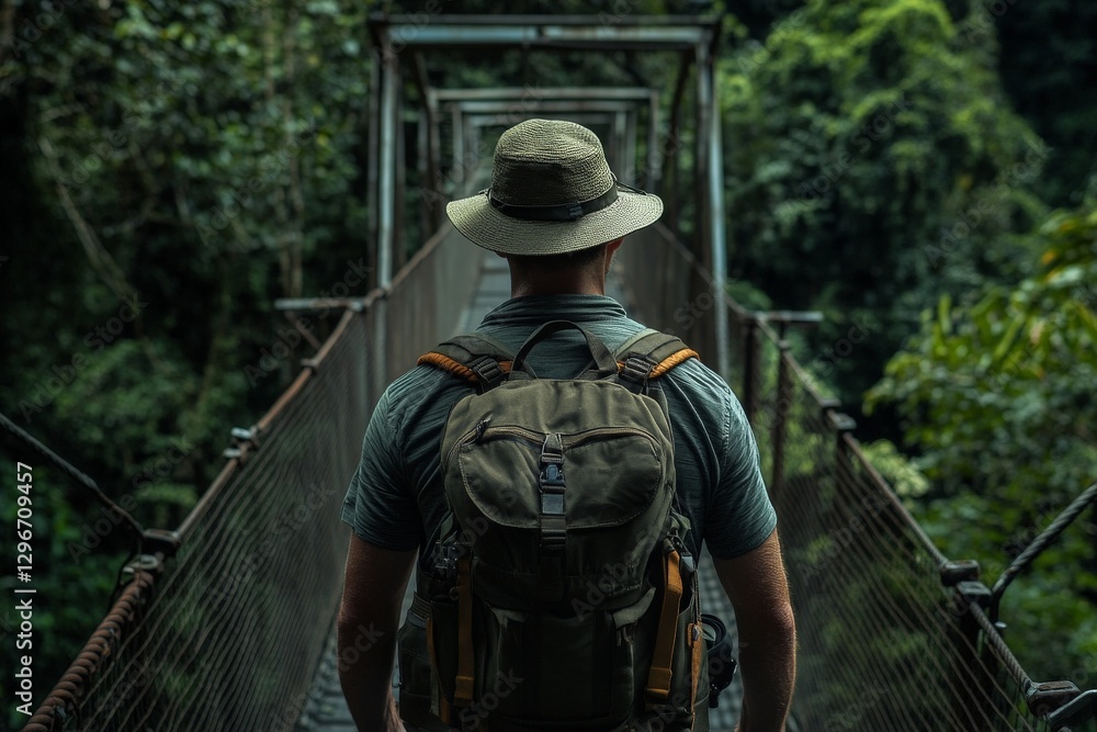 Fototapeta premium Young caucasian male explorer on jungle suspension bridge journey