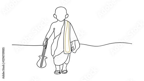 Line drawing of a young monk in traditional attire carrying a violin. Simple, minimalist style evokes peace and spirituality. Possibly Indian or Buddhist context.