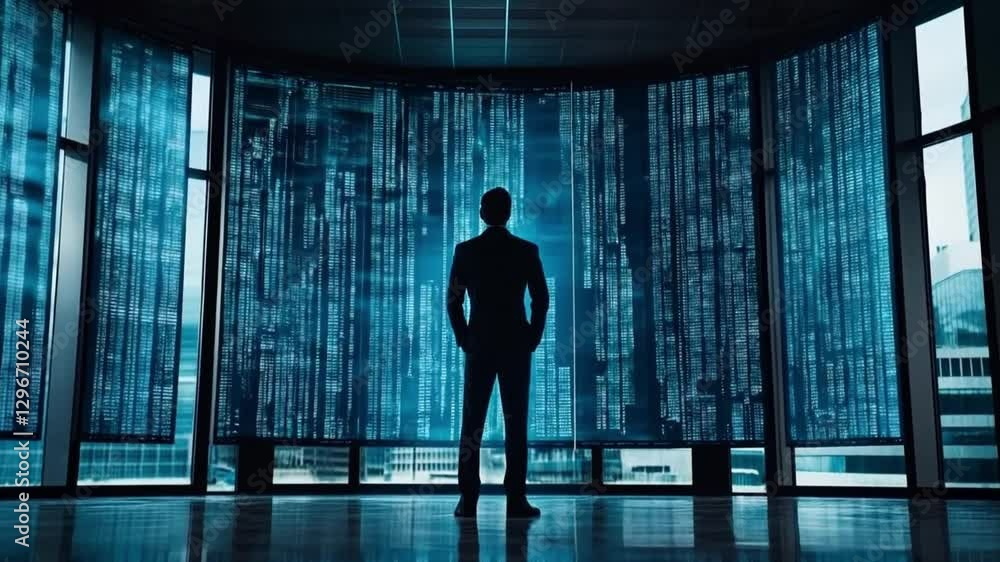 Data Insights: A silhouette of a person stands gazing at a digital data display in a high-tech environment, evoking a sense of futuristic exploration and technological advancement.