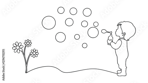 Line drawing of a toddler blowing soap bubbles outdoors. Several bubbles float in the air, a simple flower is nearby. Child in simple onesie. Black and white illustration.