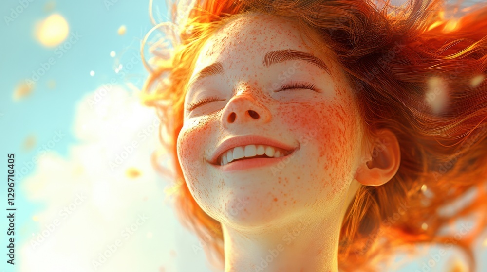 A joyful young girl with freckles, wind blowing through A joyful young girl with freckles, wind blowing through