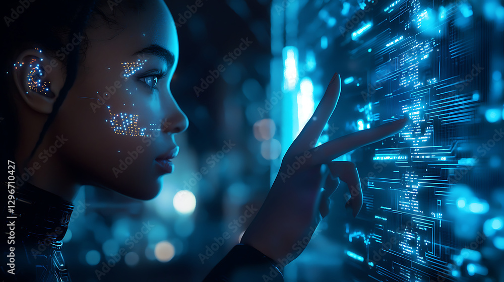 Futuristic hand interacting with binary data and digital interface in a high-tech environment Futuristic hand interacting with binary data and digital interface in a high-tech environment