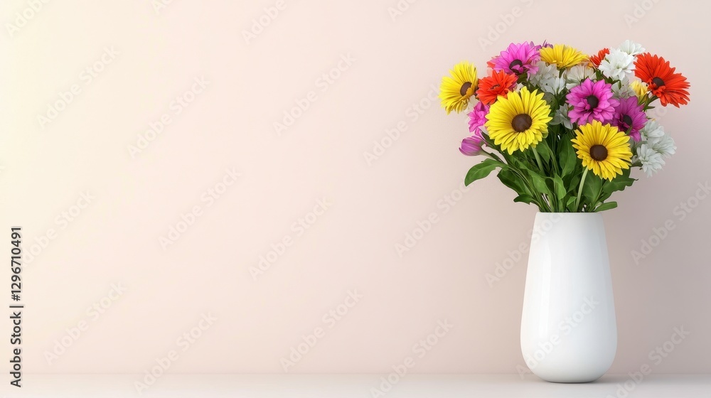 Colorful Flower Bouquet in White Vase Against a Soft Pink Background Colorful Flower Bouquet in White Vase Against a Soft Pink Background