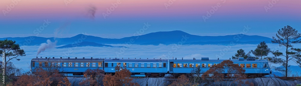 A scenic view of a blue train traveling through a foggy landscape at sunrise, surrounded by distant mountains and trees. A scenic view of a blue train traveling through a foggy landscape at sunrise, surrounded by distant mountains and trees.