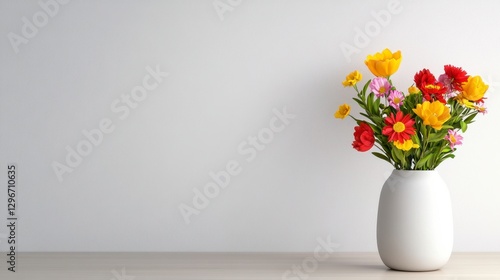 Wallpaper Mural Colorful Flower Bouquet in White Vase on Wooden Table Against White Wall Torontodigital.ca