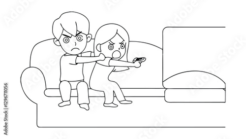 Line art depicts an angry animestyle couple fighting over a TV remote on a couch. Hes annoyed, shes grabbing the remote. Domestic dispute over television.