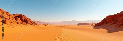 Desert landscape with sandy dunes and orange rocks, texture, orange, desert