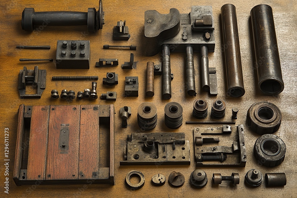 Obraz premium A variety of metal and wood elements used in a printing press, including bolts, nuts, cylinder pipes