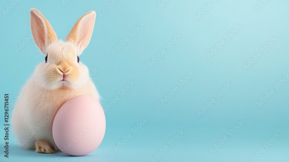 Fototapeta premium Fluffy White Bunny Holding Pink Easter Egg on Light Blue Background