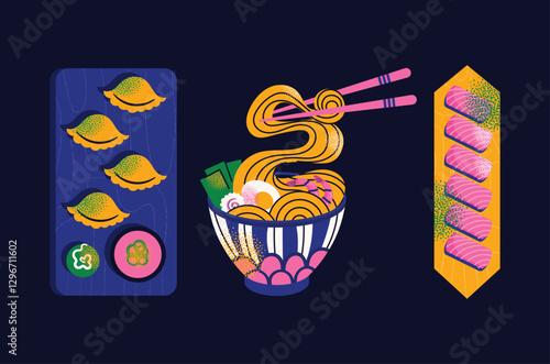 Japanese food set with sushi, ramen, dumplings, shrimp, fish, and chopsticks on dark background. Vector illustration isolated. Asian cuisine and traditional Japanese dishes concept