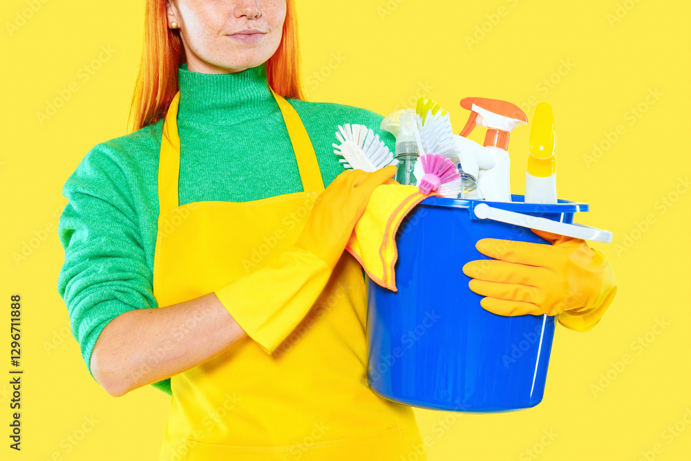 Bright and cheerful cleaning session with supplies in a vibrant setting during daytime Bright and cheerful cleaning session with supplies in a vibrant setting during daytime
