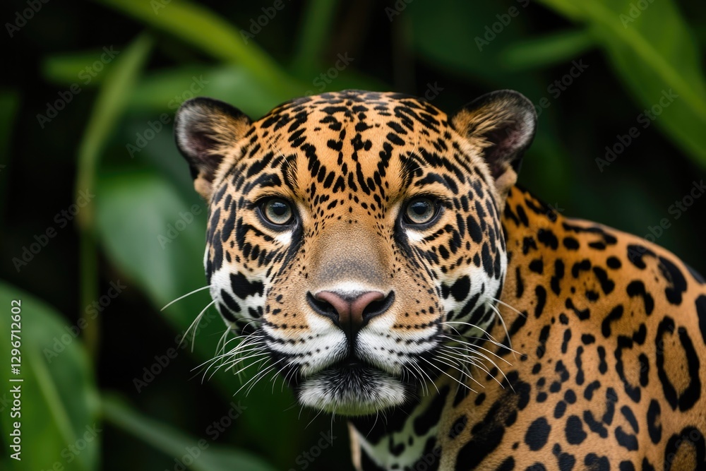 Obraz premium Majestic jaguar gazes through lush foliage, showcasing striking