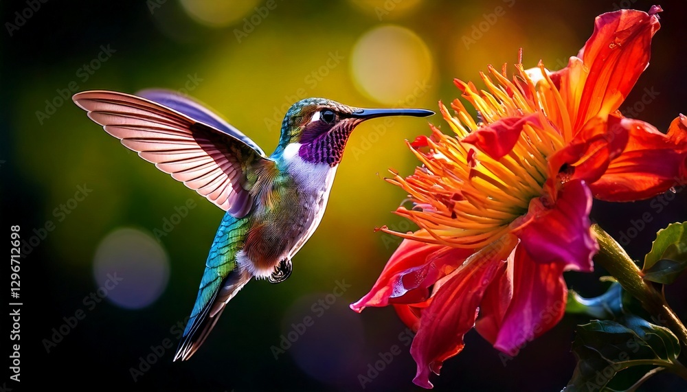 Fototapeta premium Vibrant Hummingbird Approaching a Colorful Flower