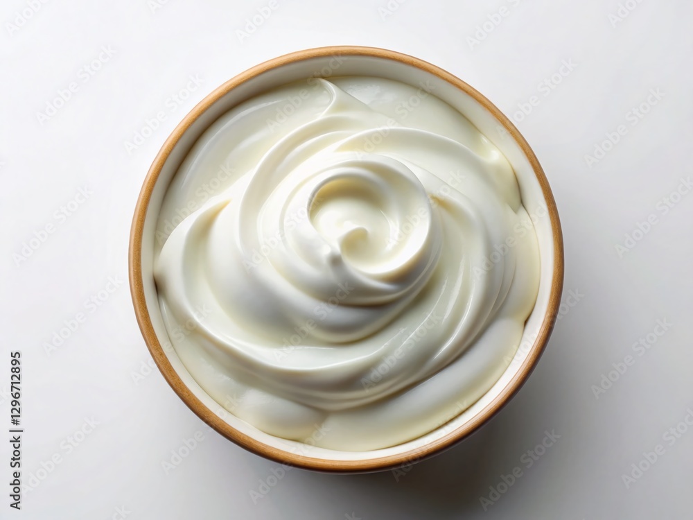 Overhead View: Creamy White Yogurt or Sour Cream in Bowl, Isolated on White Overhead View: Creamy White Yogurt or Sour Cream in Bowl, Isolated on White