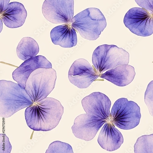 Wallpaper Mural Watercolor Pansy Flowers Blooming in Purple Tones on a Creamy White Seamless Delicate Background Pattern Torontodigital.ca