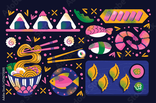 Japanese food set with sushi, ramen, dumplings, shrimp, fish, and chopsticks on dark background. Vector illustration isolated. Asian cuisine and traditional Japanese dishes concept