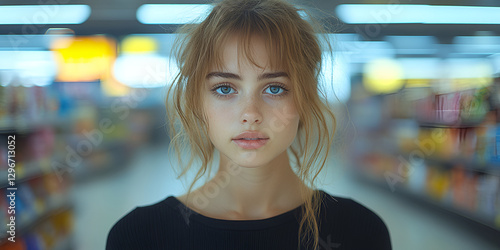 young woman with blue eyes and tousled hair stands grocery store aisle, looking directly camera