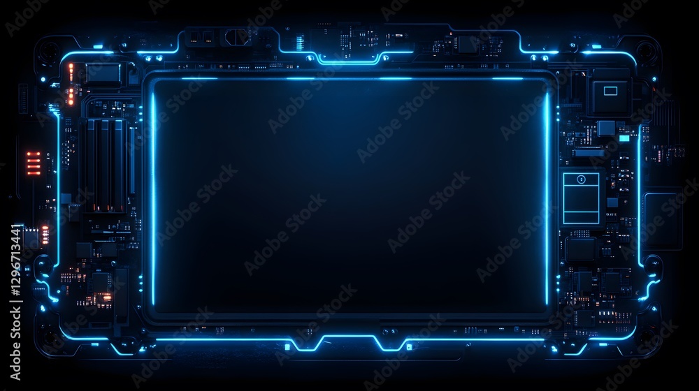 Obraz premium Futuristic Glowing Electronic Panel With Digital Circuit Board Display