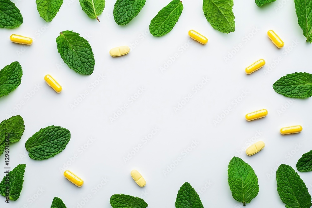 Mint leaves and yellow capsule pills on a white background, in a flat lay. Organic food concept. Flat lay on a white background with copy space for text Mint leaves and yellow capsule pills on a white background, in a flat lay. Organic food concept. Flat lay on a white background with copy space for text