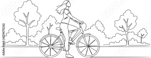 Single continuous line drawing of Woman resting sitting on her bicycle in the park. Dynamic single line draw design graphic vector illustration.

