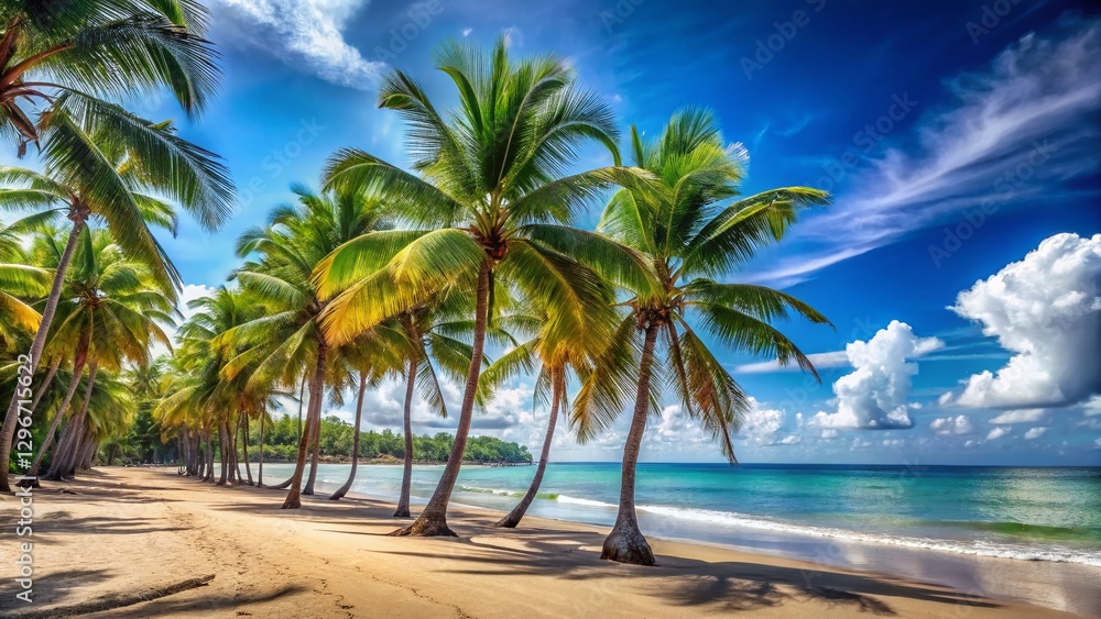 Obraz premium Panoramic Beach Scene: Palm Trees Swaying on Tropical Shore