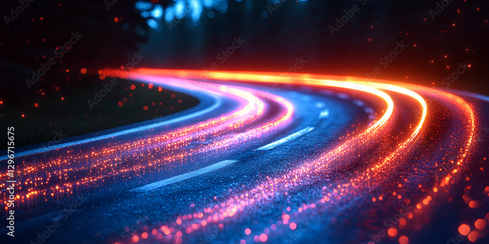 vibrant light trail on winding road creates captivating atmosphere vibrant light trail on winding road creates captivating atmosphere