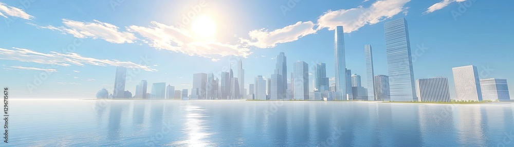 Fototapeta premium City skyline by water, beautiful sunrise, use in background for presentations