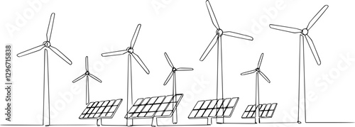 Single continuous line drawing of Renewable energy windmills and solar panels. Energy industrial Modern single line draw design vector graphic illustration