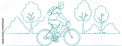 Single continuous line drawing of Man pushing his bicycle in the park. Dynamic single line draw design graphic vector illustration.
