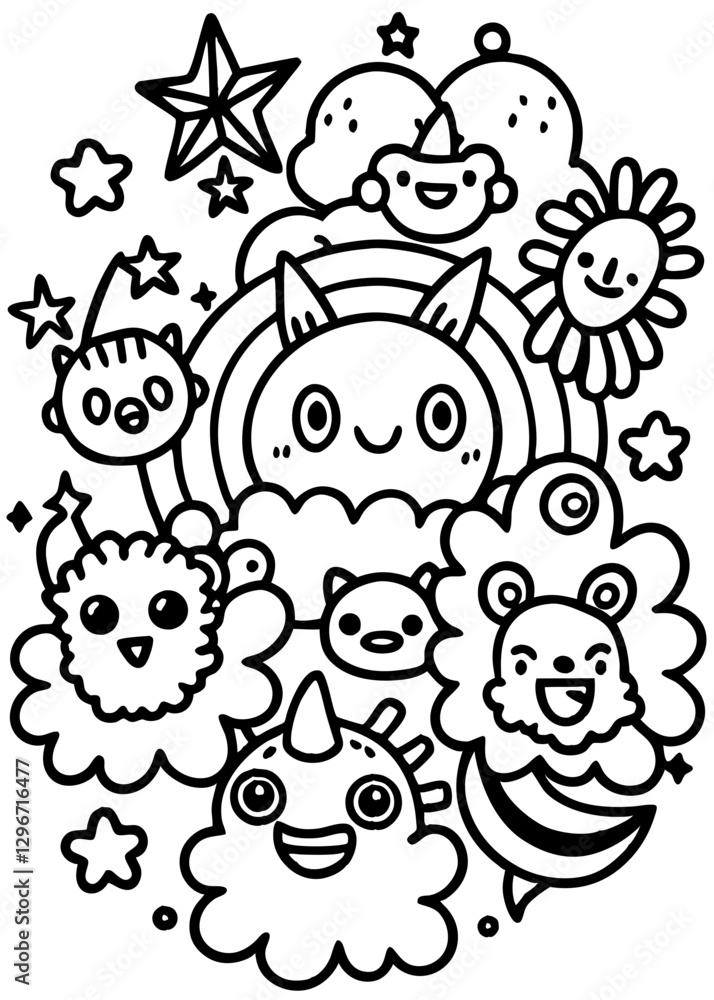 Obraz premium Whimsical Doodle: A delightful black and white doodle filled with adorable characters, rainbows, stars, clouds, and the sun. This playful illustration is full of fun.