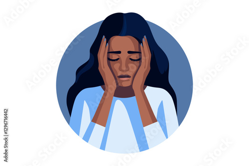 Illustration of a black woman holding her head in distress, depicted in blue tones, on a white background. Woman in depression. Concept of mental disorder, affliction, sorrow and anxiety.