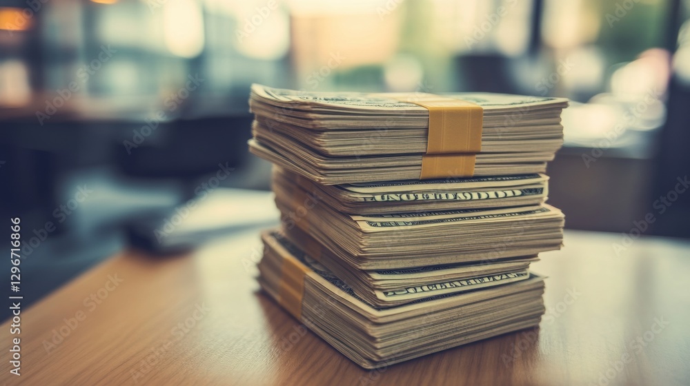 Stacked US dollar bills with a blurred corporate office background, symbolizing financial success. Stacked US dollar bills with a blurred corporate office background, symbolizing financial success.