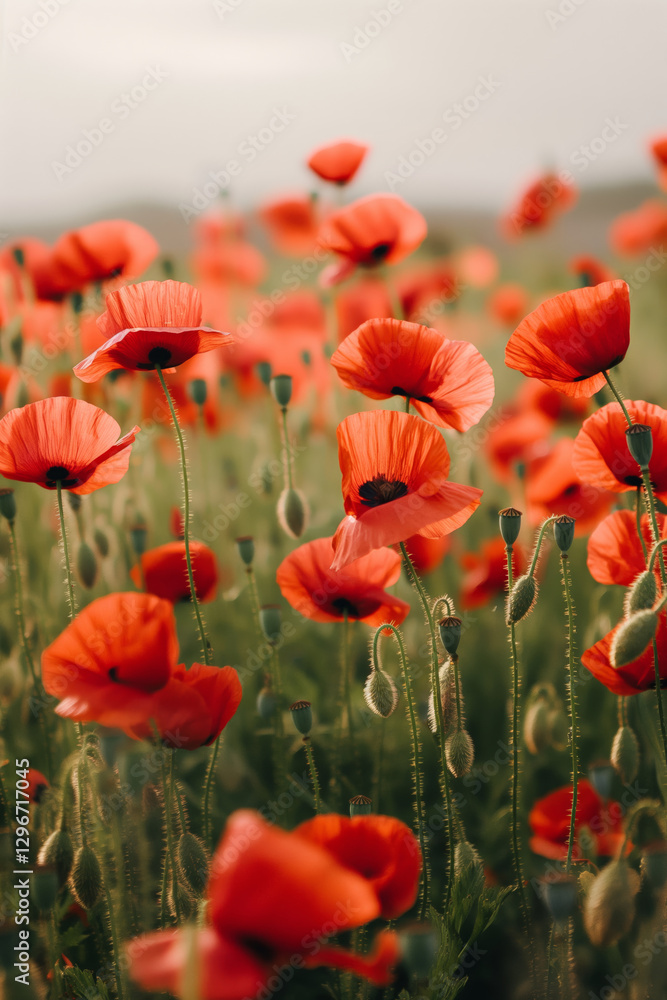 Fototapeta premium Vibrant Red Poppy Flowers in Bloom – Spring and Summer Nature Concept