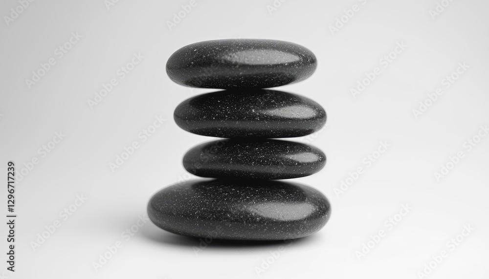 Three black glossy pebbles stacked on top of each other, against a solid background, in a minimalistic style