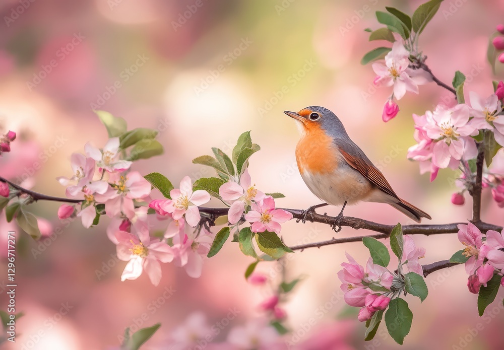 Beautiful bird perched on a branch surrounded by blooming pink flowers, showcasing nature’s vibrant colors in a serene spring landscape. Beautiful bird perched on a branch surrounded by blooming pink flowers, showcasing nature’s vibrant colors in a serene spring landscape.