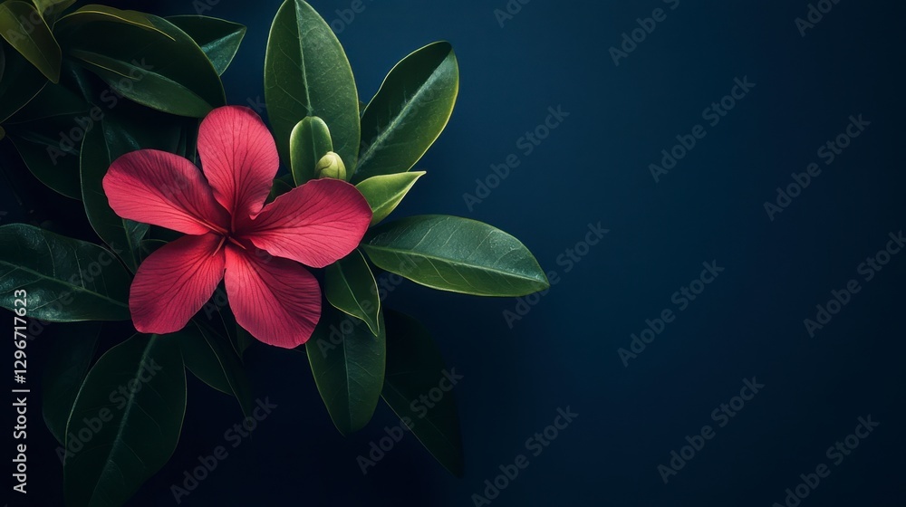 Vibrant Red Flower and Green Leaves Against Dark Background Vibrant Red Flower and Green Leaves Against Dark Background