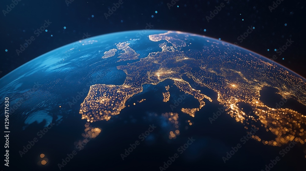Obraz premium Transparent Globe with Interconnected Logistics at Night Over Europe and Surrounding Regions