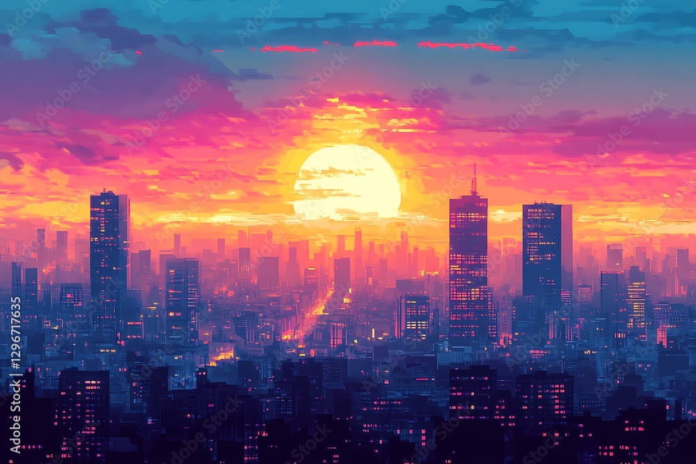 Obraz premium Sunset Cityscape, vibrant hues