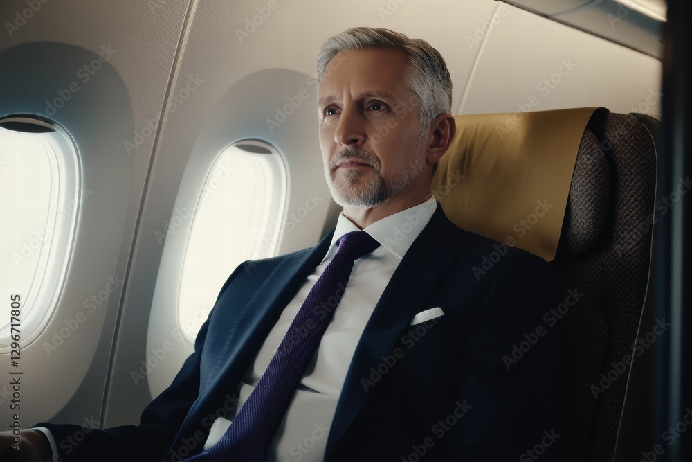 A well-dressed businessman with a light beard relaxes in first class, natural light highlighting his composed demeanor. A well-dressed businessman with a light beard relaxes in first class, natural light highlighting his composed demeanor.