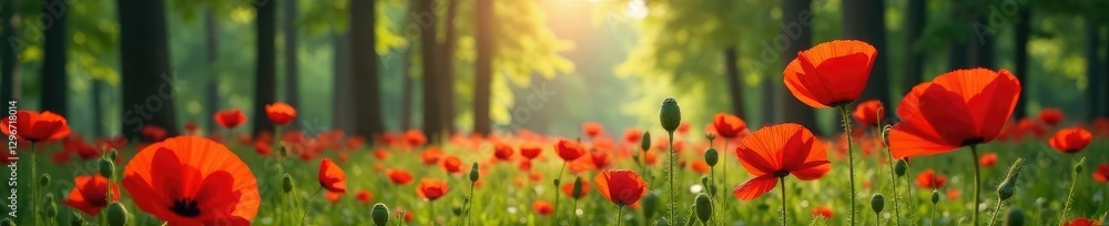 Obraz premium Red poppies swaying gently in the breeze amidst tall trees, tall trees, nature, forest