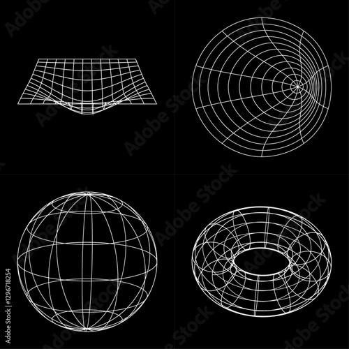 Ensemble de formes effet 3D, creux, sphère, donut et tunnel, vecteur, dimensions