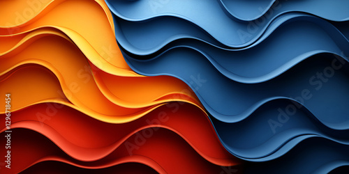 Vibrant abstract design with flowing curves in orange, red, and blue hues