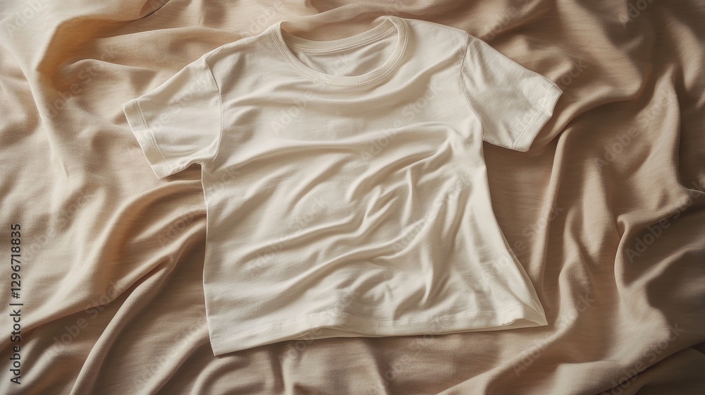 Obraz premium White t-shirt with soft folds resting on a neutral taupe background