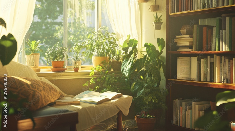 Fototapeta premium Sunlight streaming through a window onto lush indoor plants and a cozy reading nook.