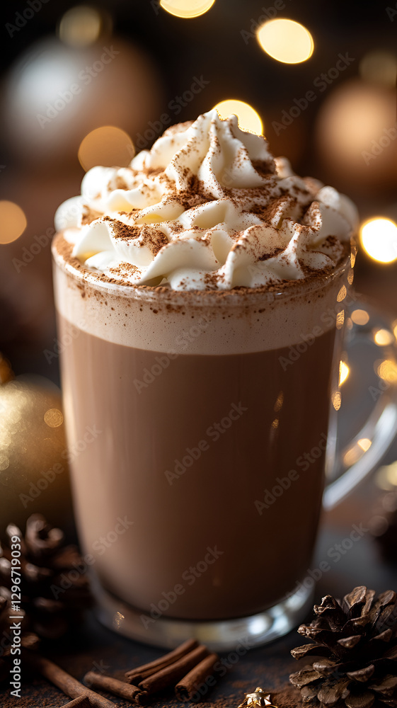 festive hot chocolate topped with whipped cream and cinnamon, perfect for cozy moments festive hot chocolate topped with whipped cream and cinnamon, perfect for cozy moments
