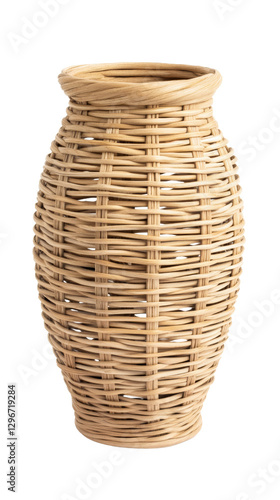 A beautiful woven wicker vase for decor. A decorative handwoven wicker vase with an open weave pattern, isolated on a white background, perfect for rustic and bohemian decor. photo