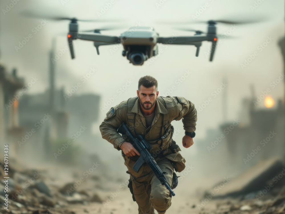 Fototapeta premium The soldier runs after the quadcopter on the battlefield