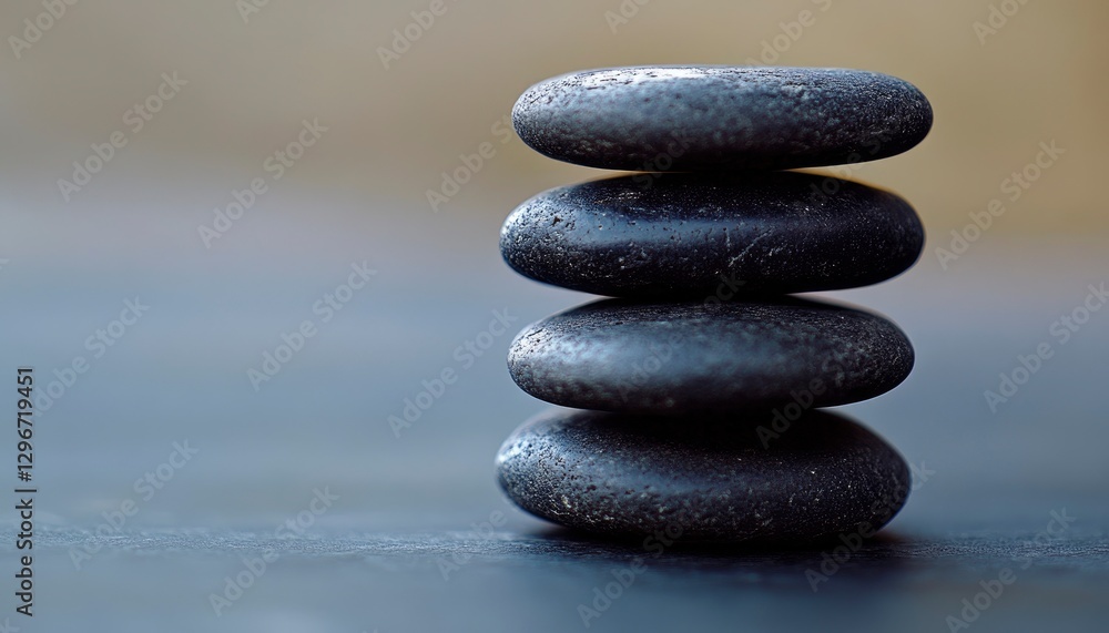 Three black glossy pebbles stacked on top of each other, against a solid background, in a minimalistic style Three black glossy pebbles stacked on top of each other, against a solid background, in a minimalistic style