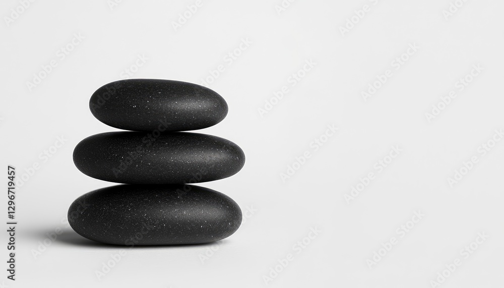 Three black glossy pebbles stacked on top of each other, against a solid background, in a minimalistic style Three black glossy pebbles stacked on top of each other, against a solid background, in a minimalistic style